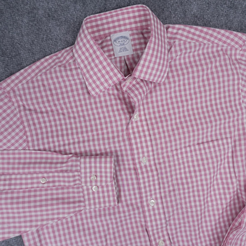Brooks‎ Brothers Shirt Mens 15 32/33 Pink Gingham Slim Fit Non-Iron 346 Cotton